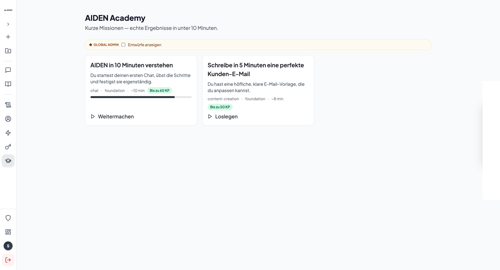 AIDEN Academy — Missionen mit Fortschritt